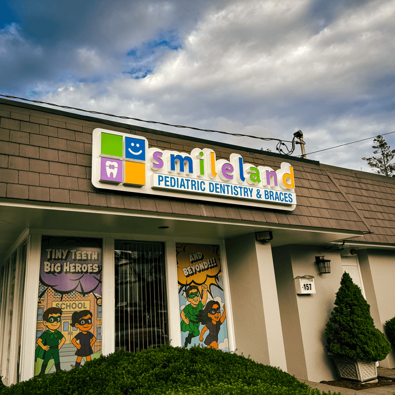 Storefront view of Smileland Pediatric Dentistry & Braces channel letter sign installed by our sign company