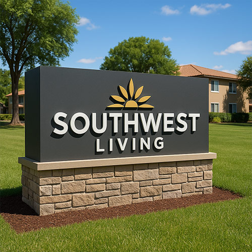 Stone base monument sign with aluminum cabinet
