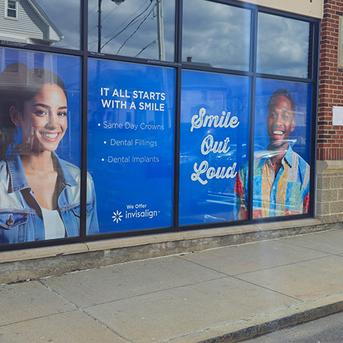 Perforated vinyl window graphics installed at dental office