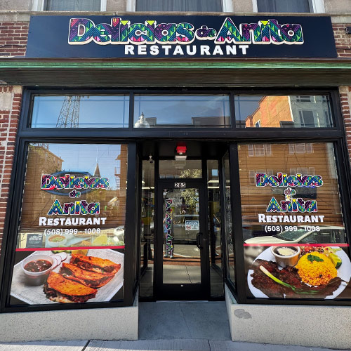 Custom graphics applied to restaurant storefront windows